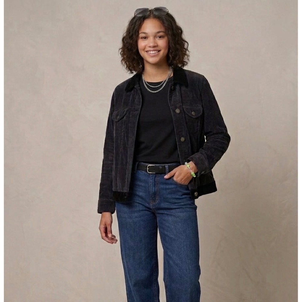 J. Jill Black Corduroy Trucker Jacket Velvet Trim Petite Medium MP Cotton